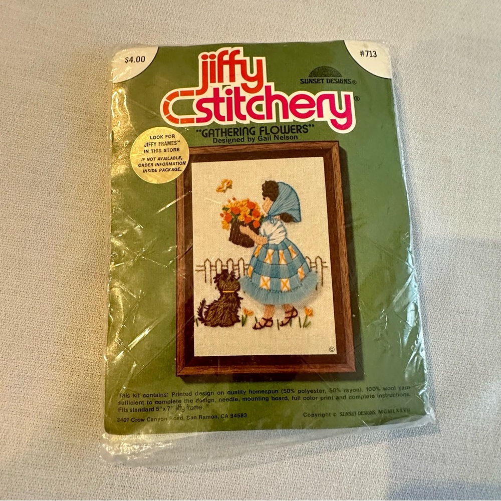 Jiffy Stitchery 713 Girl Dog Butterfly GATHERING FLOWERS Crewel Embroidery Kit